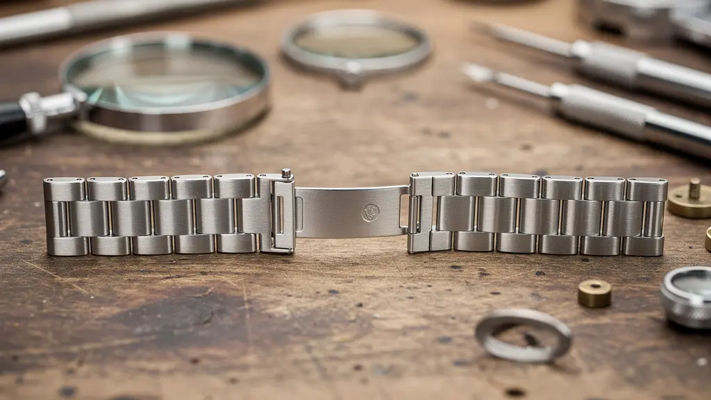 Bracelet métallique de montre de luxe posé sur établi d'horloger avec fermoir visible