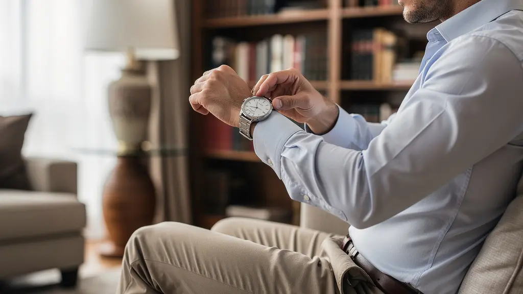 Collectionneur examinant le fermoir de sa montre de luxe dans un salon élégant