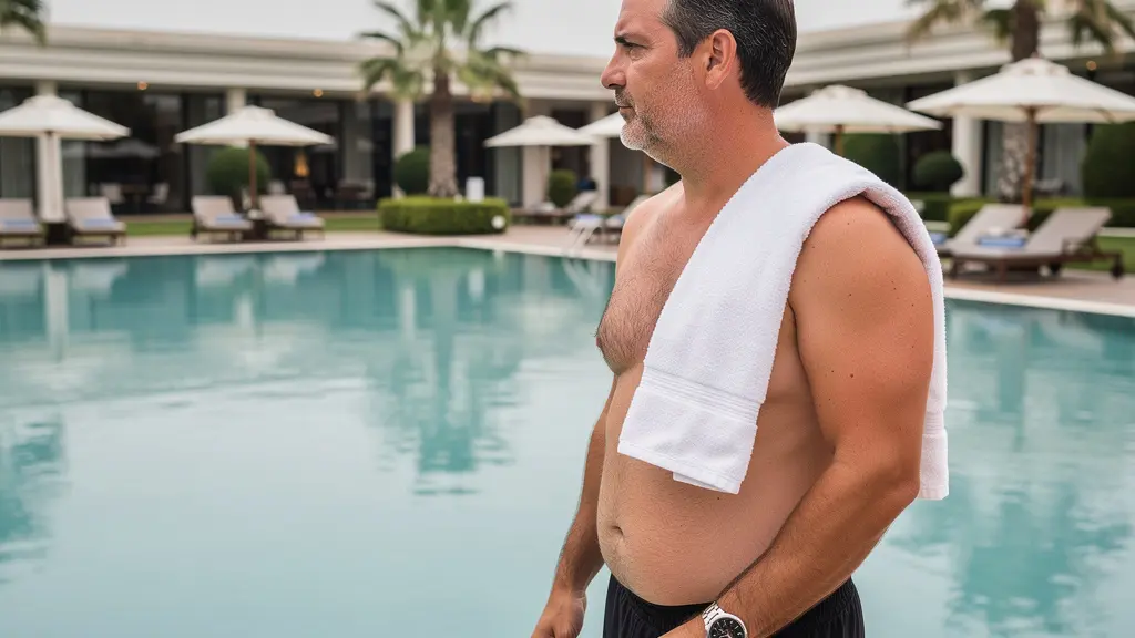 Voyageur au bord d'une piscine d'hôtel de luxe portant une montre au poignet