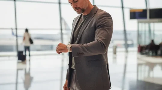 Collectionneur vérifiant discrètement sa montre de luxe dans un hall d'aéroport