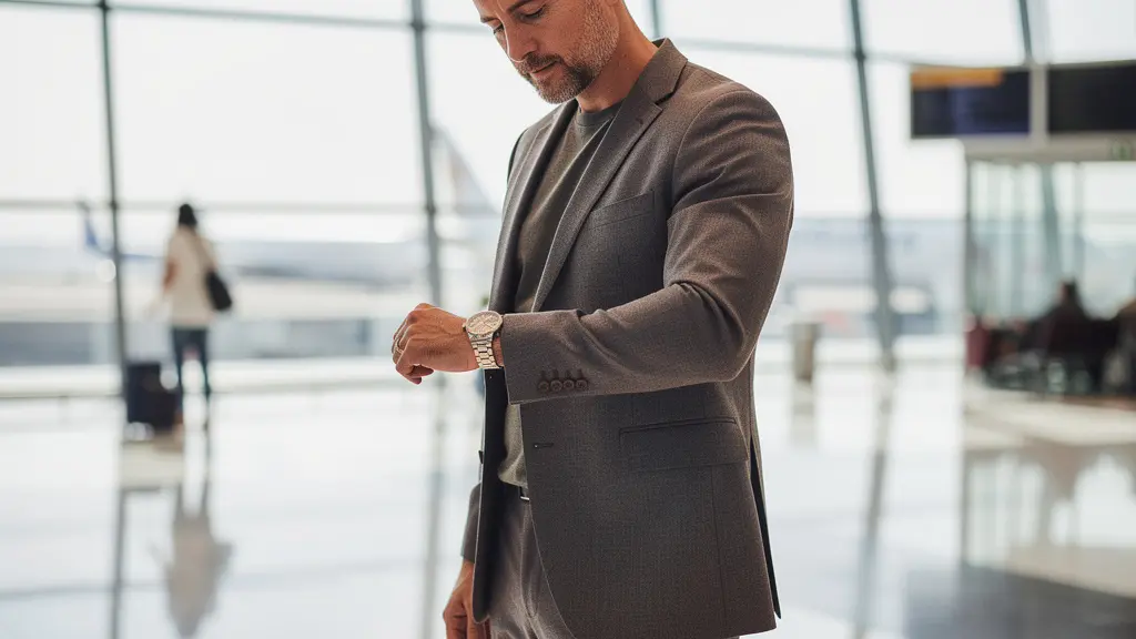 Collectionneur vérifiant discrètement sa montre de luxe dans un hall d'aéroport