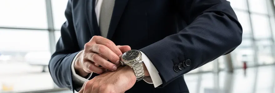 Voyageur d'affaires ajustant sa montre de luxe dans un terminal d'aéroport moderne