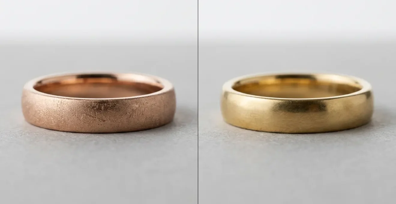 Deux alliances en or disposées côte à côte, l'une en or rose et l'autre en or jaune, montrant leurs textures et reflets différents sous une lumière naturelle