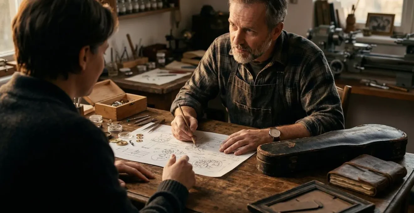 Horloger indépendant examinant croquis et composants pour création bespoke