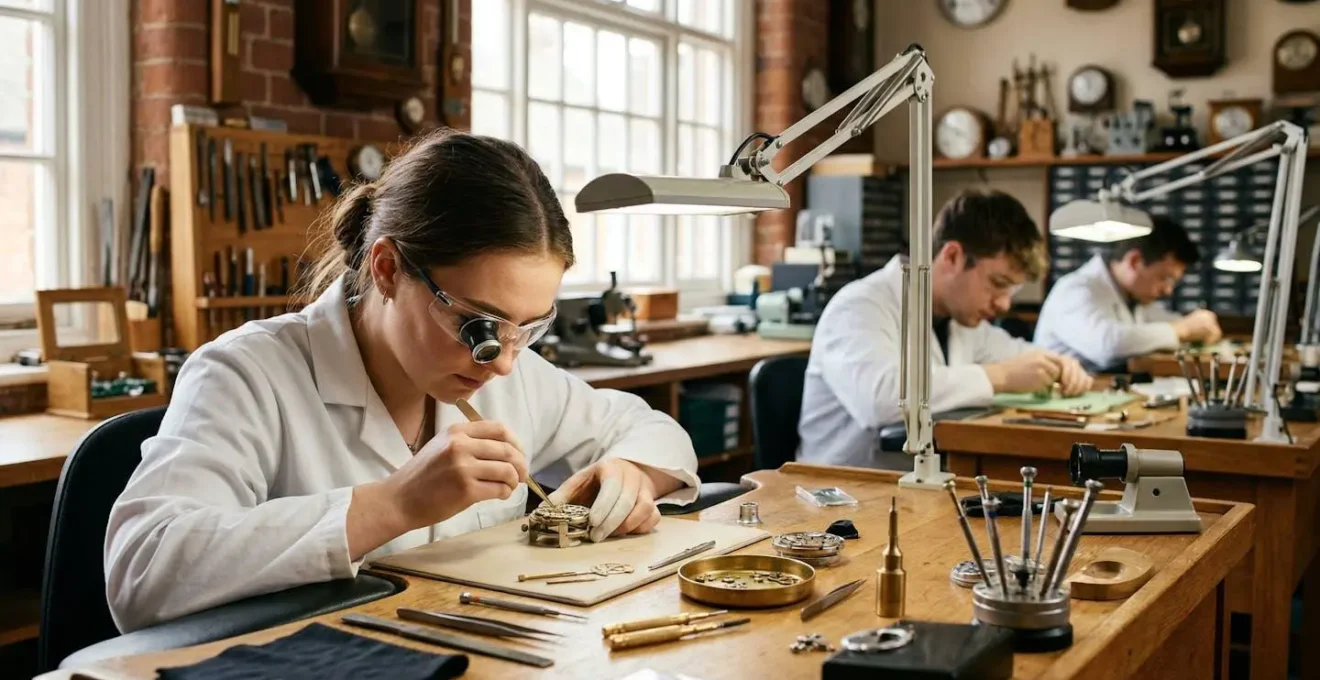 Vue d'ensemble d'un atelier de haute horlogerie avec plusieurs postes de travail éclairés