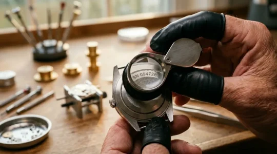 Gros plan macro sur une gravure de numéro de série d'une montre de luxe examinée à la loupe