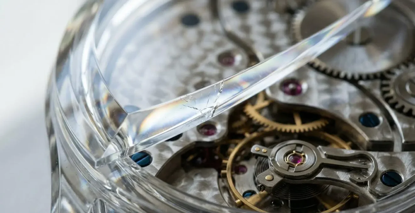 Détail macro d'un boîtier en saphir transparent révélant le mouvement mécanique