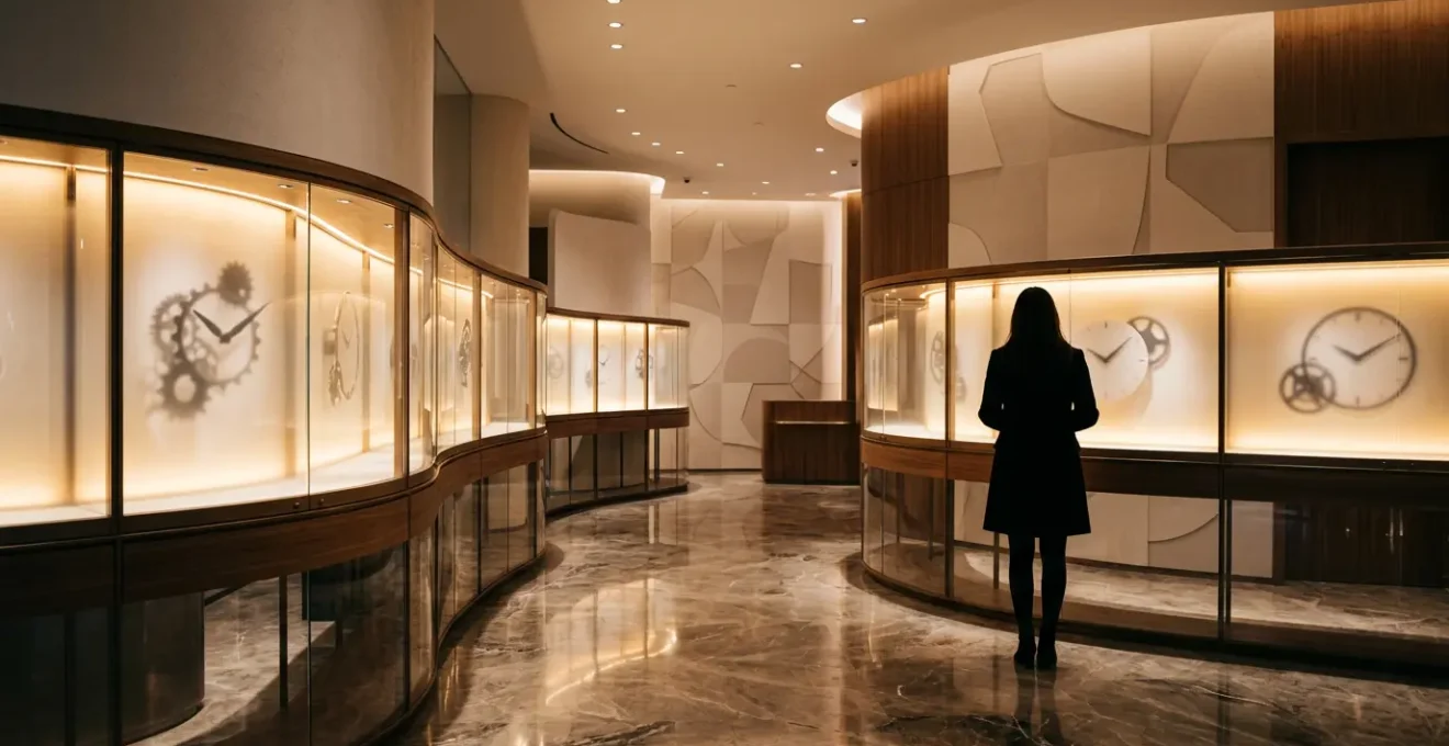 Vue intérieure d'une boutique Rolex avec vitrines éclairées et client observant les montres