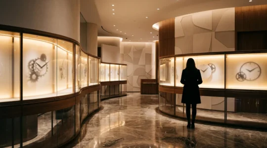 Vue intérieure d'une boutique Rolex avec vitrines éclairées et client observant les montres