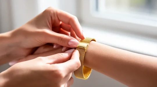 Mains féminines ajustant délicatement un bracelet-bijou en maille milanaise dorée