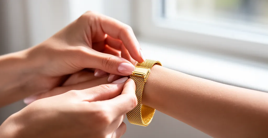 Mains féminines ajustant délicatement un bracelet-bijou en maille milanaise dorée