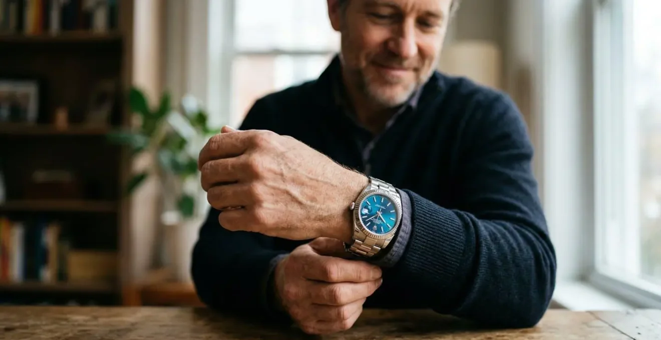 Cadran de montre bleu sous différents angles de lumière montrant les variations de teinte