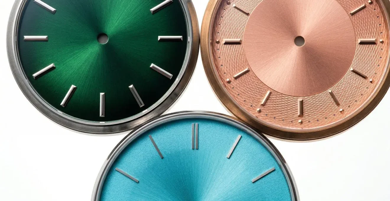 Gros plan artistique sur différents cadrans de montres aux couleurs tendance disposés en cercle
