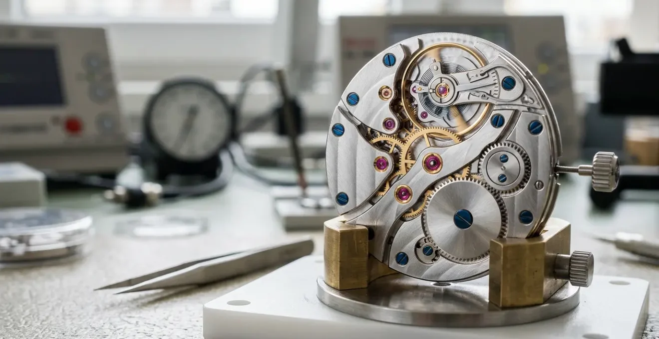 Mouvement horloger en cours de certification avec outils de mesure de précision
