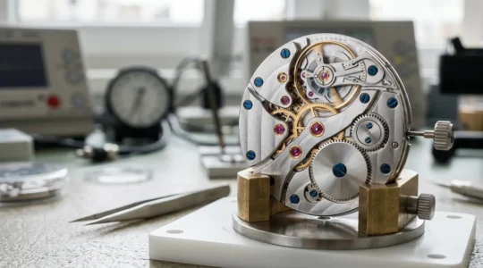 Mouvement horloger en cours de certification avec outils de mesure de précision