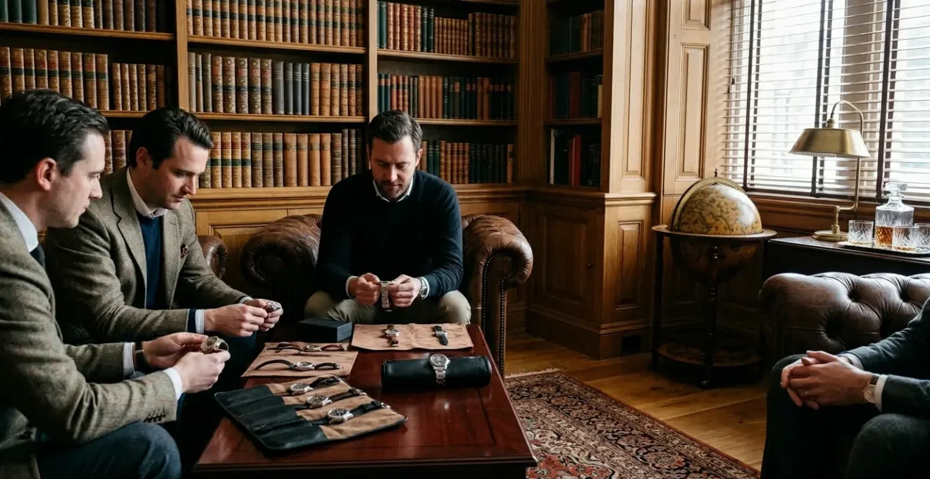 Salon feutré avec collectionneurs examinant montres de luxe autour d'une table en acajou