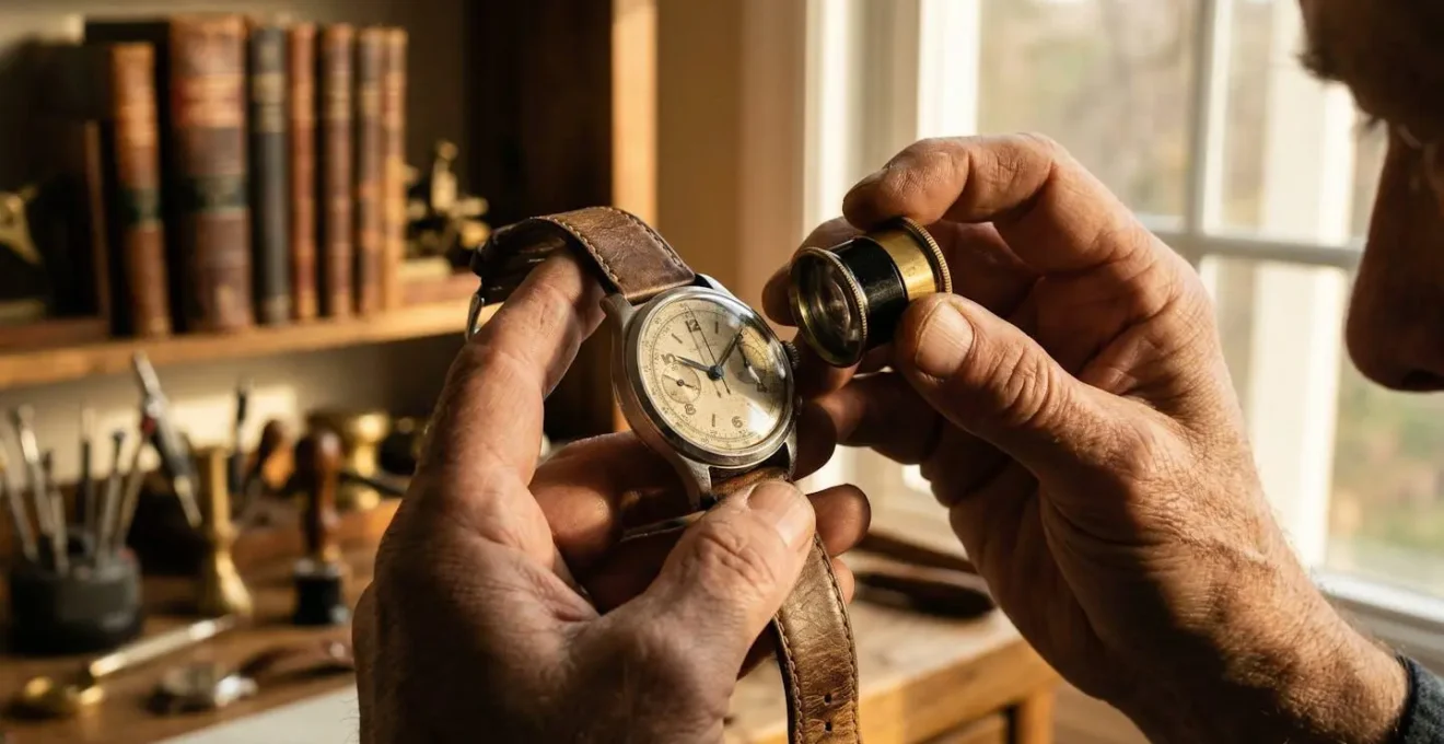 Collectionneur expert examinant un chronographe vintage des années 40 avec une loupe d'horloger