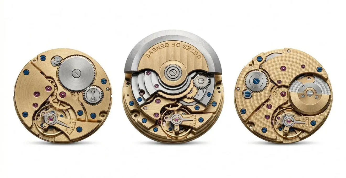 Vue en coupe technique de trois mouvements horlogers montrant les différences d'épaisseur entre manuel, automatique standard et micro-rotor
