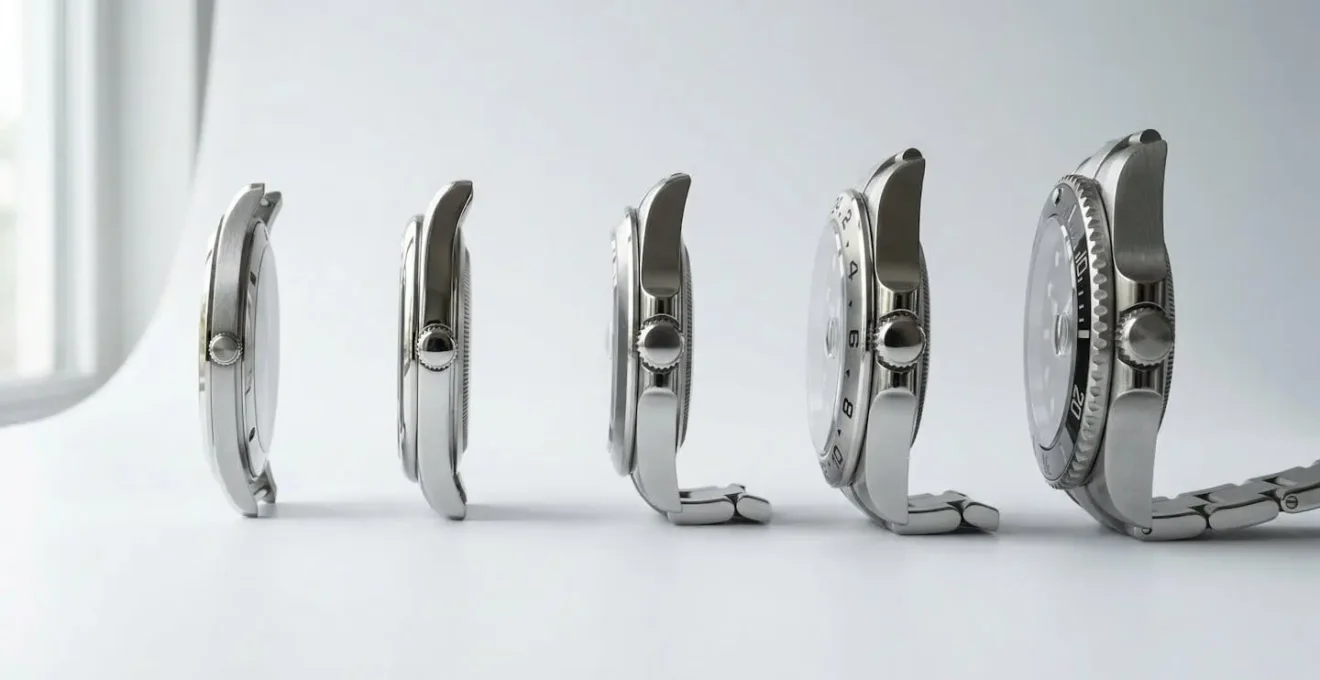 Vue de profil comparative montrant l'épaisseur de différentes montres Omega alignées