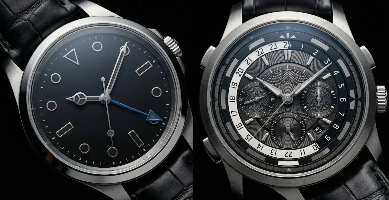 Comparaison visuelle entre un cadran GMT True épuré et un cadran Heures du Monde complexe