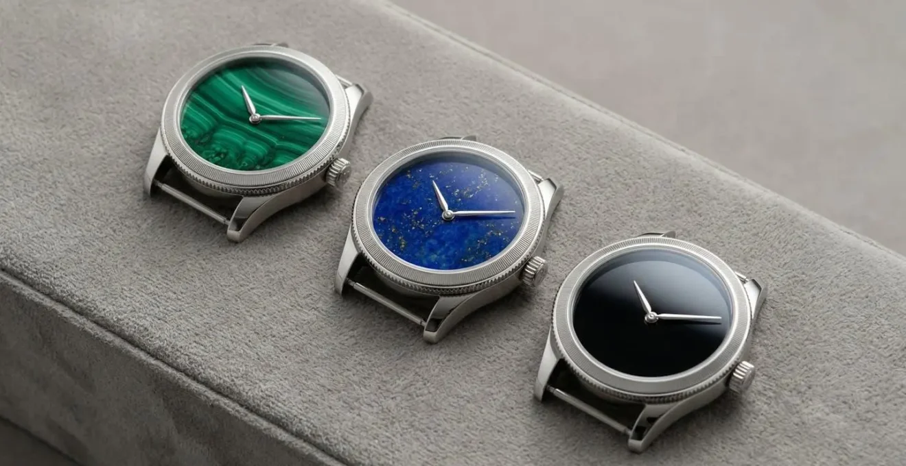 Trois montres de luxe présentant des cadrans en malachite verte, lapis-lazuli bleu et onyx noir