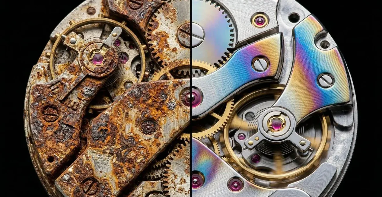 Comparaison microscopique d'un pont de rouage oxydé et d'un pont sain