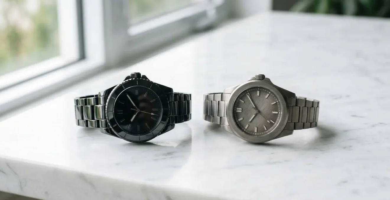 Deux montres côte à côte, l'une en céramique noire brillante, l'autre en titane brossé gris