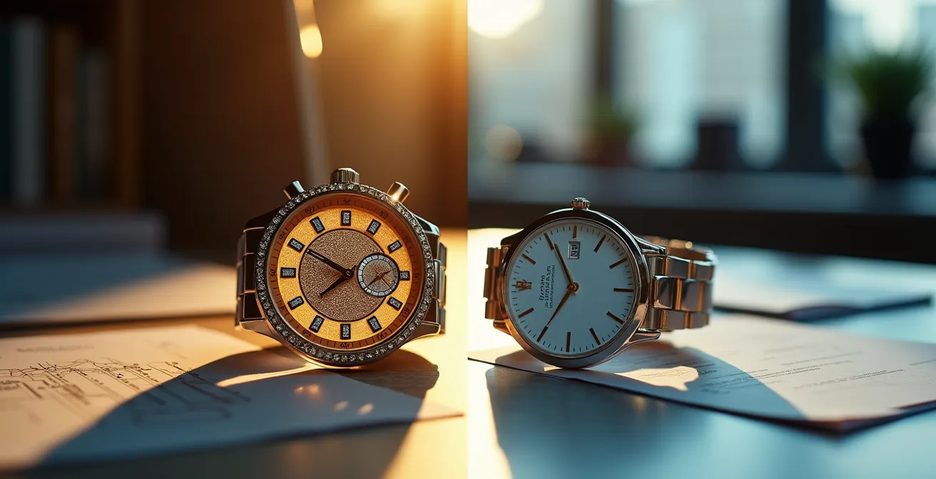 Comparaison visuelle entre une montre sobre et une montre ostentatoire sur bureau
