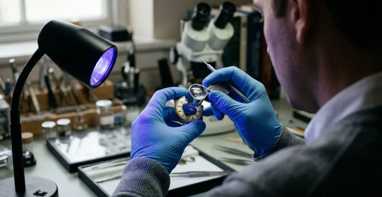 Main d'expert examinant une pierre de montre sous lampe UV révélant les traitements