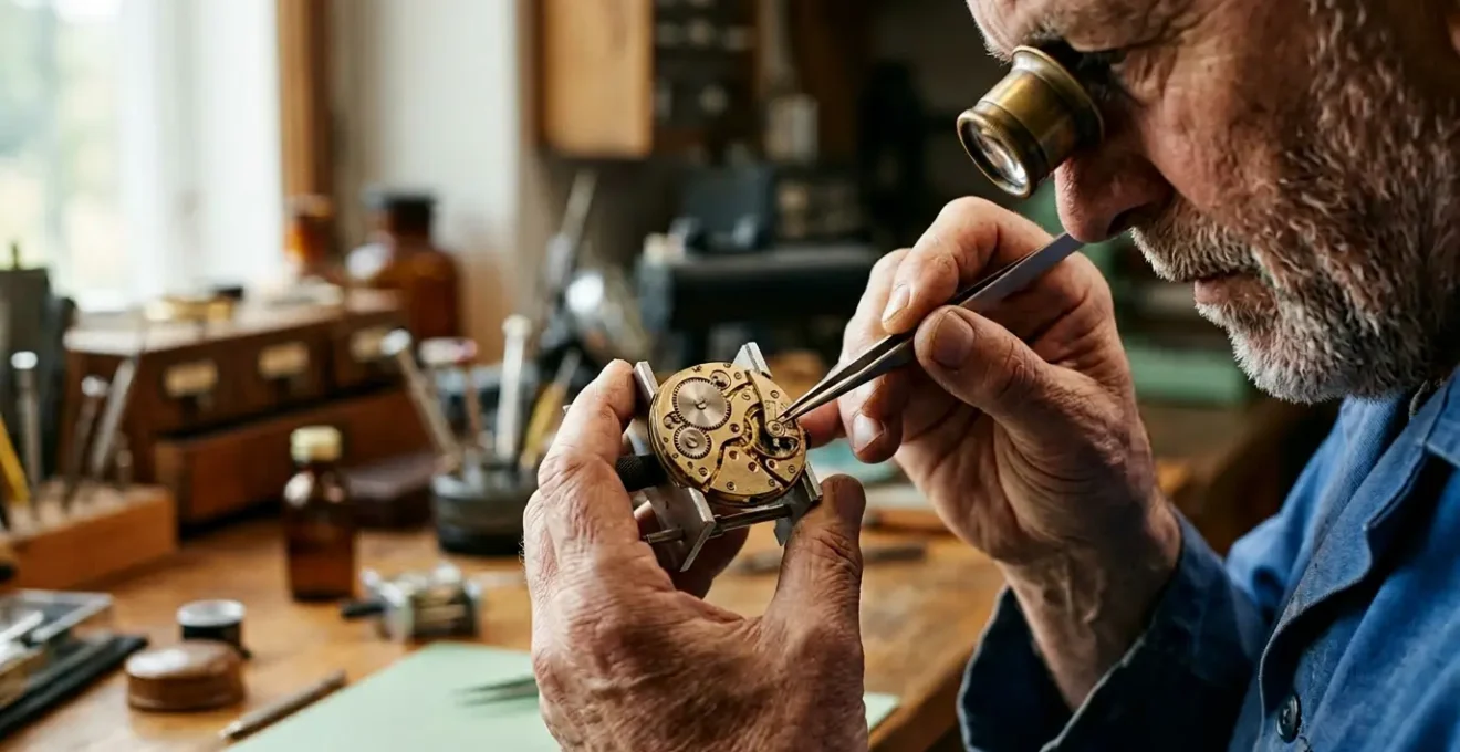 Horloger examinant un mouvement de montre mécanique avec une loupe