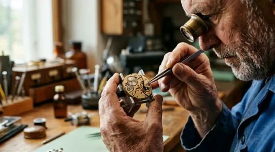 Horloger examinant un mouvement de montre mécanique avec une loupe