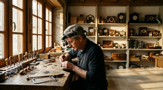 Atelier d'horlogerie avec établi traditionnel et outils de gravure disposés méticuleusement