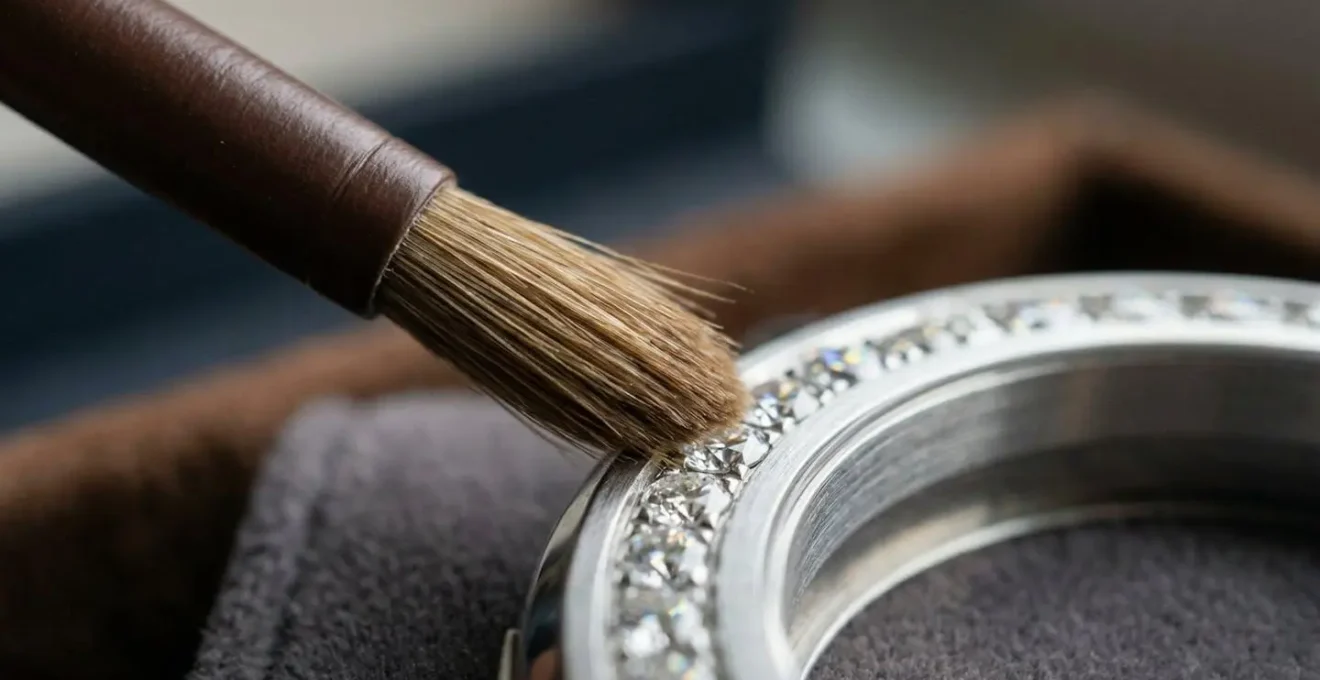 Vue macro d'une brosse douce nettoyant délicatement une montre sertie de diamants
