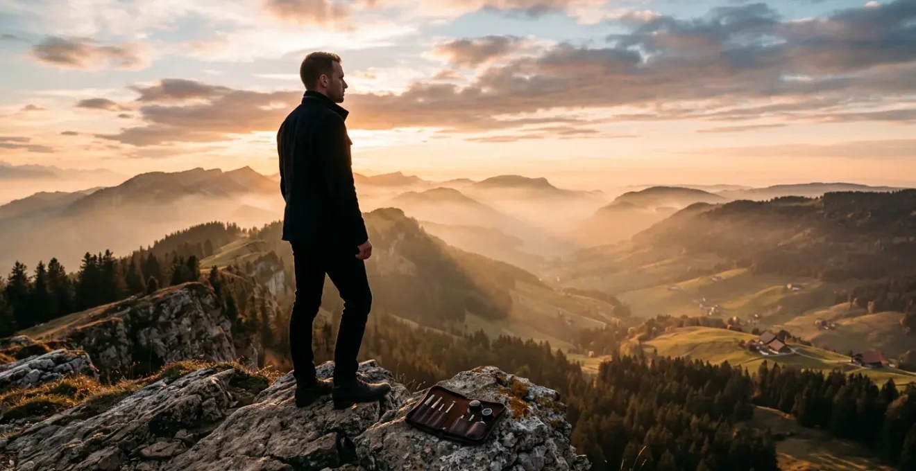 Travailleur frontalier français contemplant les montagnes du Jura avec des mécanismes horlogers