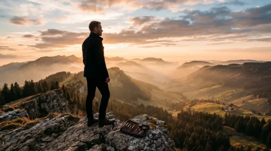 Travailleur frontalier français contemplant les montagnes du Jura avec des mécanismes horlogers