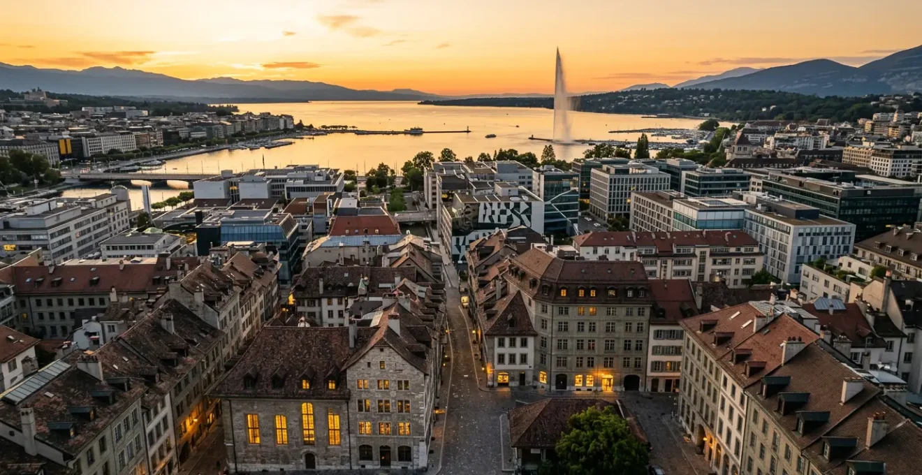 Vue aérienne de Genève montrant le Jet d'eau et les ateliers d'horlogerie historiques du quartier Saint-Gervais