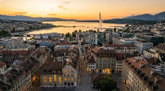 Vue aérienne de Genève montrant le Jet d'eau et les ateliers d'horlogerie historiques du quartier Saint-Gervais