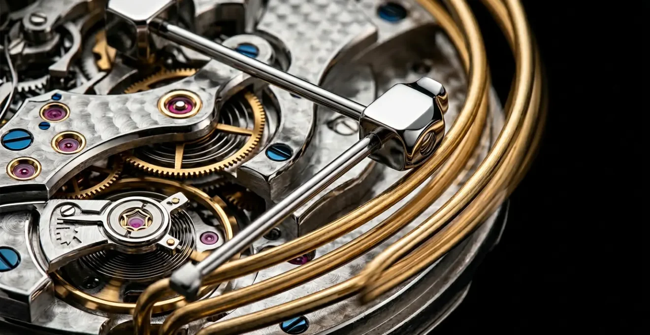 Mécanisme de grande sonnerie avec marteaux et timbres en action dans une montre de haute horlogerie