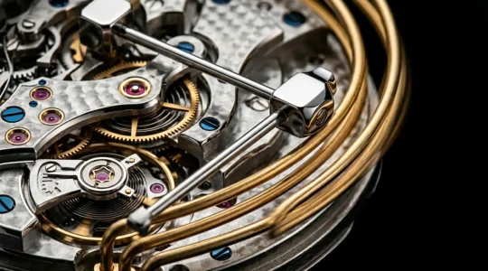 Mécanisme de grande sonnerie avec marteaux et timbres en action dans une montre de haute horlogerie