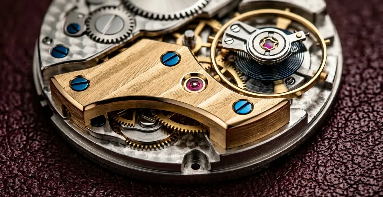 Mouvement horloger en gros plan avec finitions manuelles de haute précision montrant les angles polis et les côtes de Genève