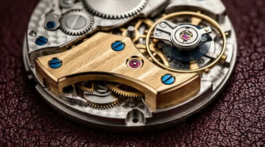 Mouvement horloger en gros plan avec finitions manuelles de haute précision montrant les angles polis et les côtes de Genève