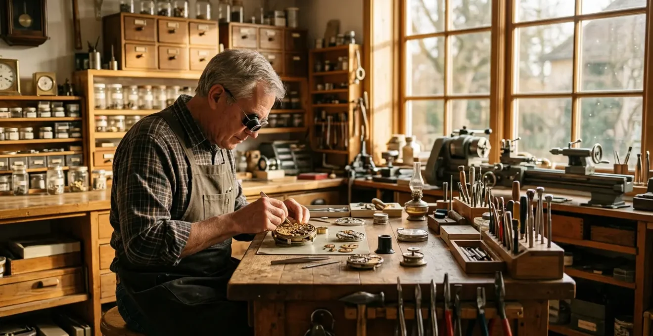 Un maître horloger travaillant minutieusement sur un mouvement de montre dans son atelier traditionnel