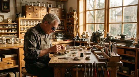 Un maître horloger travaillant minutieusement sur un mouvement de montre dans son atelier traditionnel