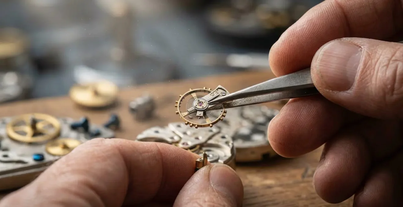 Gros plan macro sur des mains travaillant sur un mécanisme de montre avec outils de précision