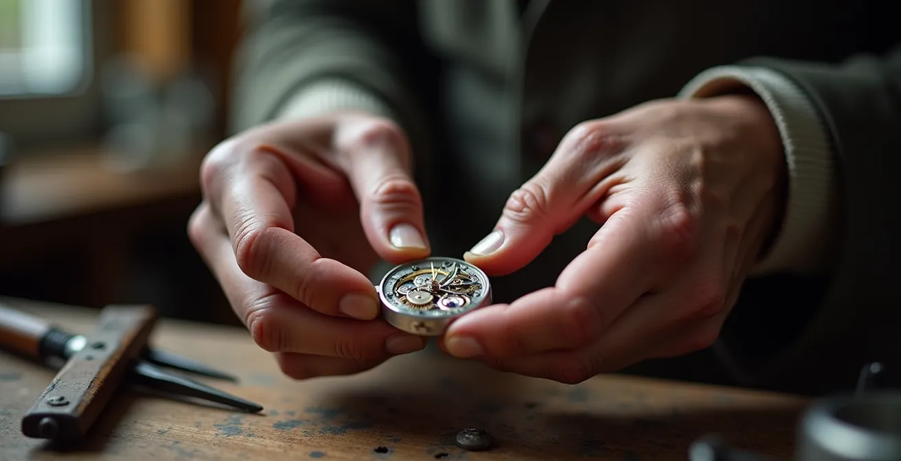 Mains d'un expert horloger inspectant le mouvement d'une montre de luxe