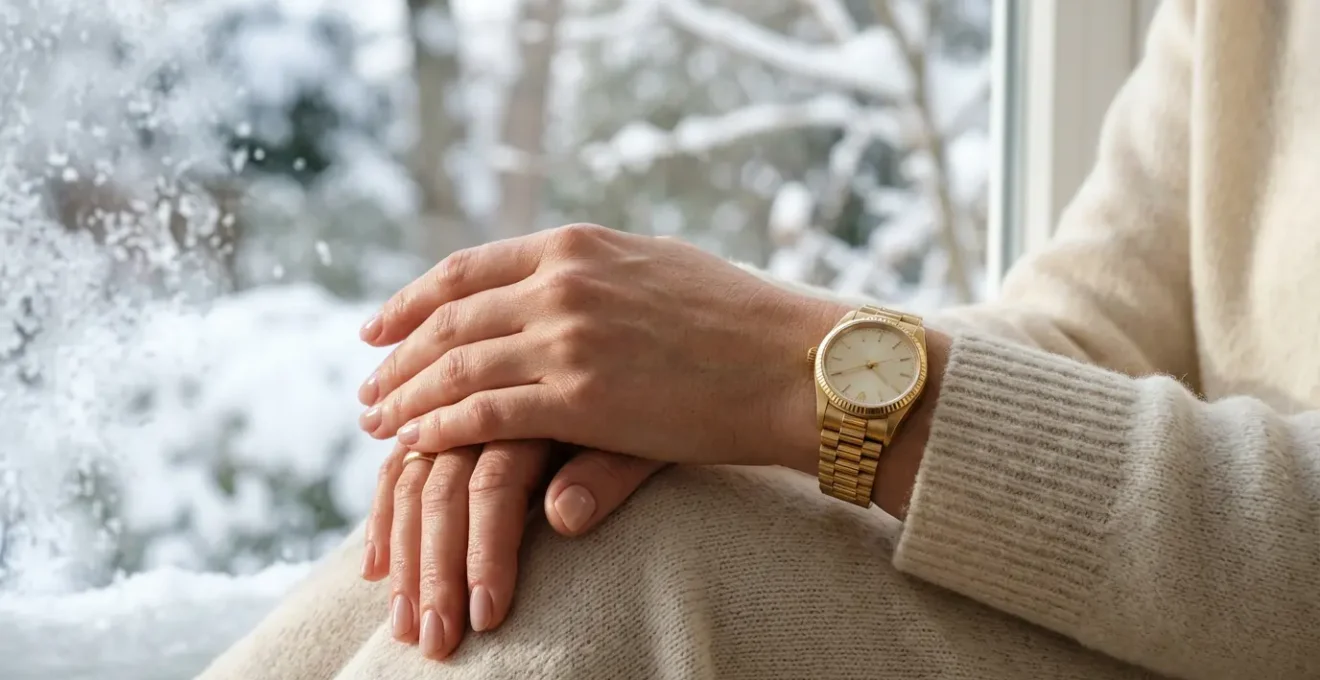 Mains élégantes portant une montre de luxe en or sur fond hivernal épuré