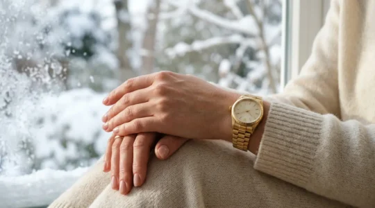 Mains élégantes portant une montre de luxe en or sur fond hivernal épuré