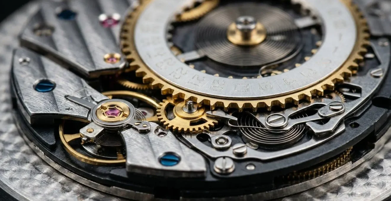 Vue macro du mécanisme de changement de date d'une montre mécanique