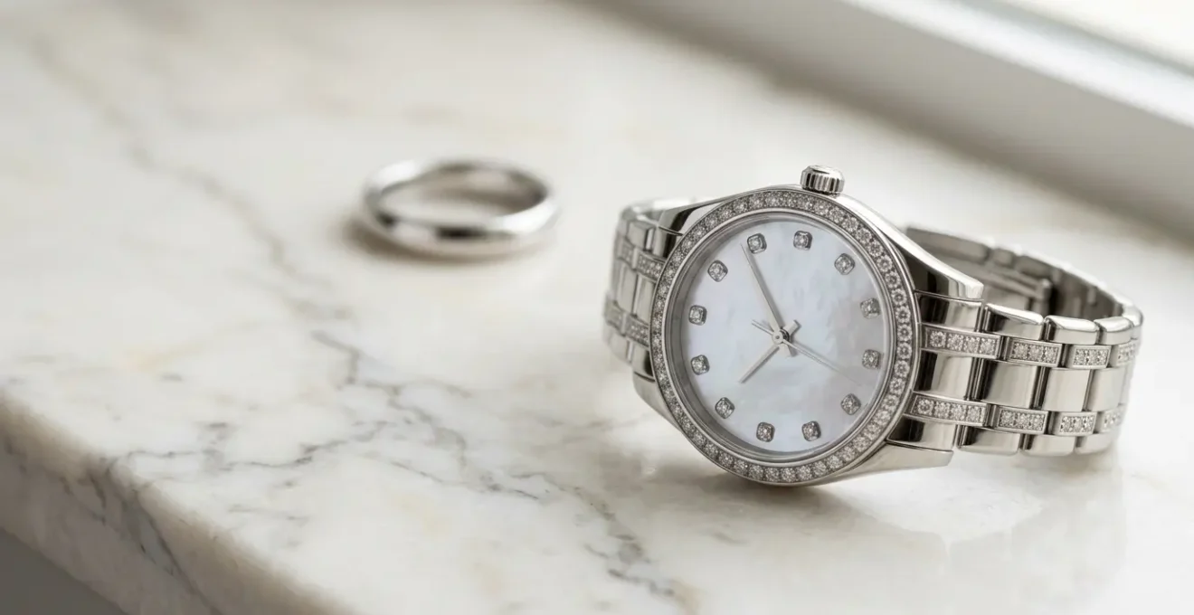 Élégante montre-bijou posée délicatement près d'une alliance sur une surface en marbre