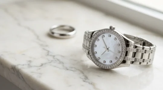 Élégante montre-bijou posée délicatement près d'une alliance sur une surface en marbre